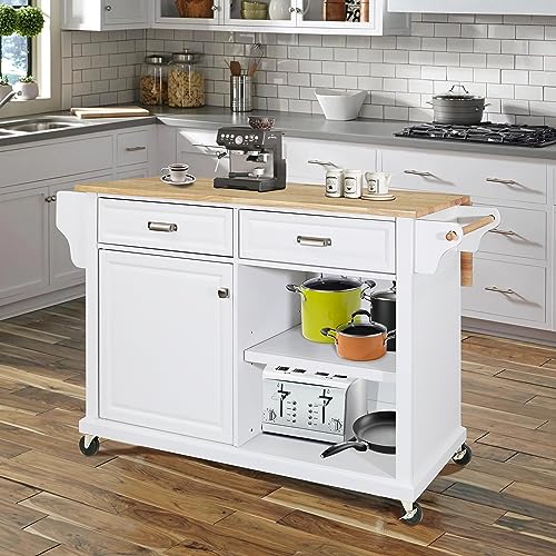 Mobile Kitchen Island on 5 Universal Wheels, Greenguard Gold Certified, Stationary Storage Island with 5 Wood Cabinet Feet