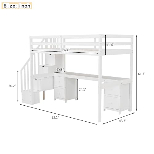 Loft Bed Twin Size, Twin Loft Bed with Desk and 2 Drawers, Storage Stairs, High Guardrail, Pine Frame, Space Saving, Wood Loft Bed for Bedroom (Gray)