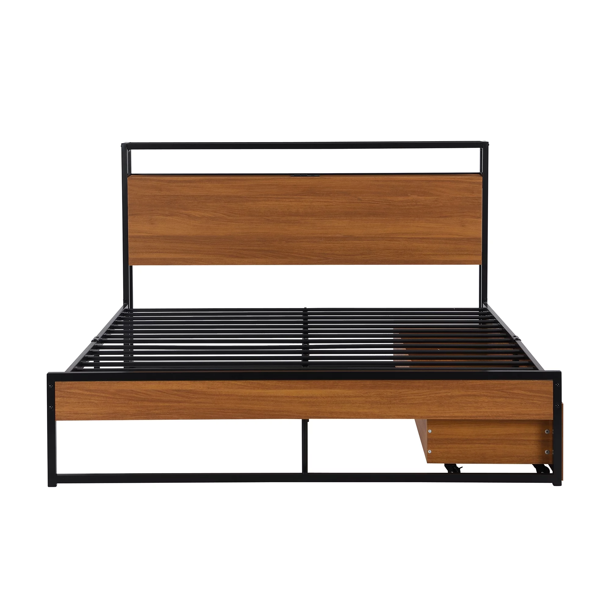 BTMWAY Metal Queen Bed Frame, Queen Size Platform Bed Frames with Wood Headboard, 2 Drawers, Sockets and USB Ports for Bedroom, No Box Spring Needed