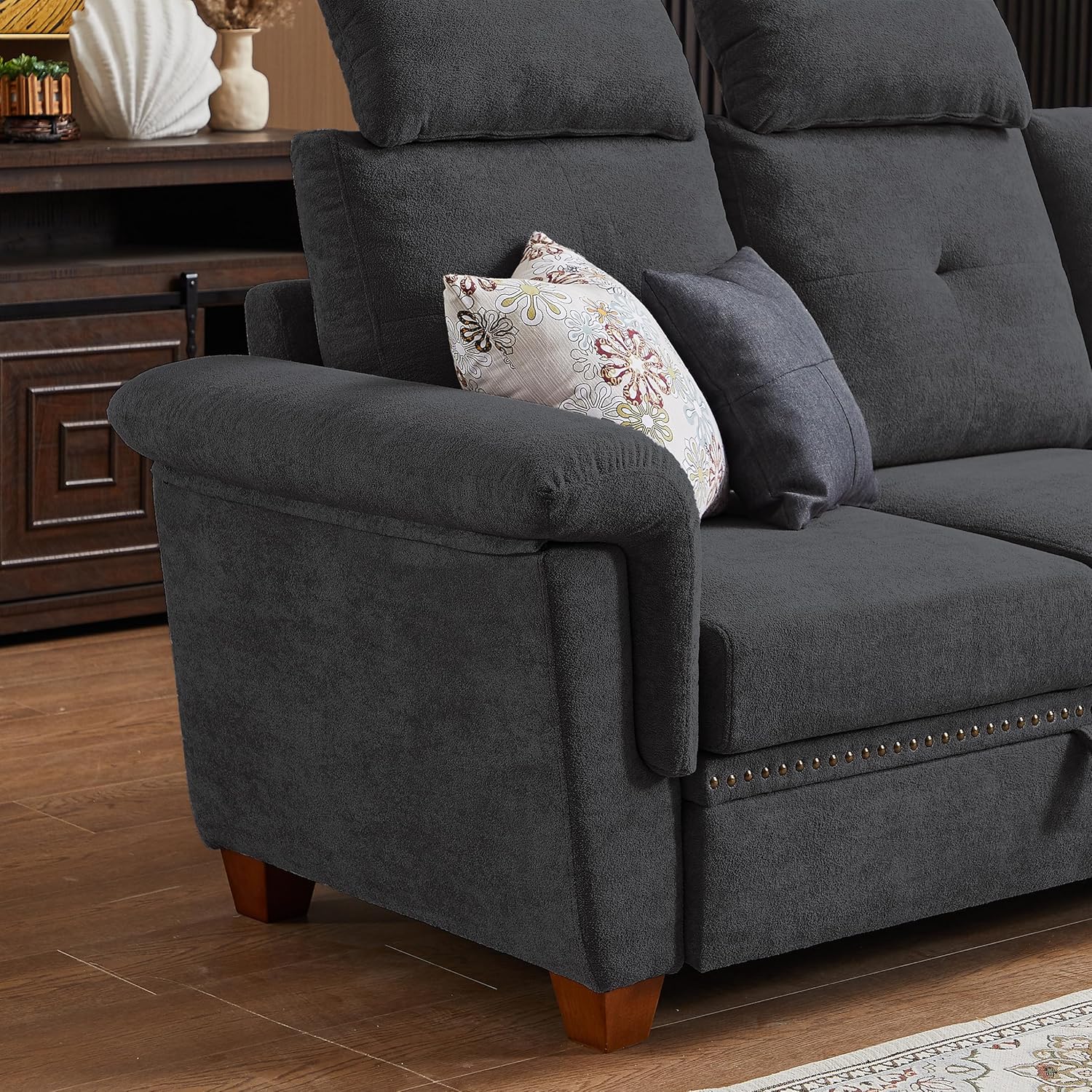 Convertible Sectional Sofa, 4 Seat L Shaped Couch with Reversible Storage Chaise and Cupholder, Wooden Legs, Upholstered Fabric for Living Room