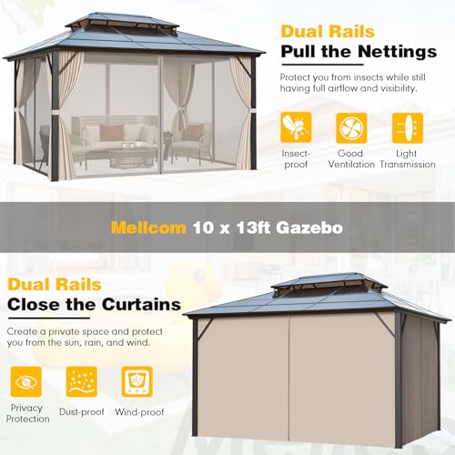 MELLCOM 10'x13' Hardtop Gazebo with Polycarbonate Double Roof, Aluminum Frame Outdoor Gazebo Permanent Pavilion with Curtains and Netting for Patio