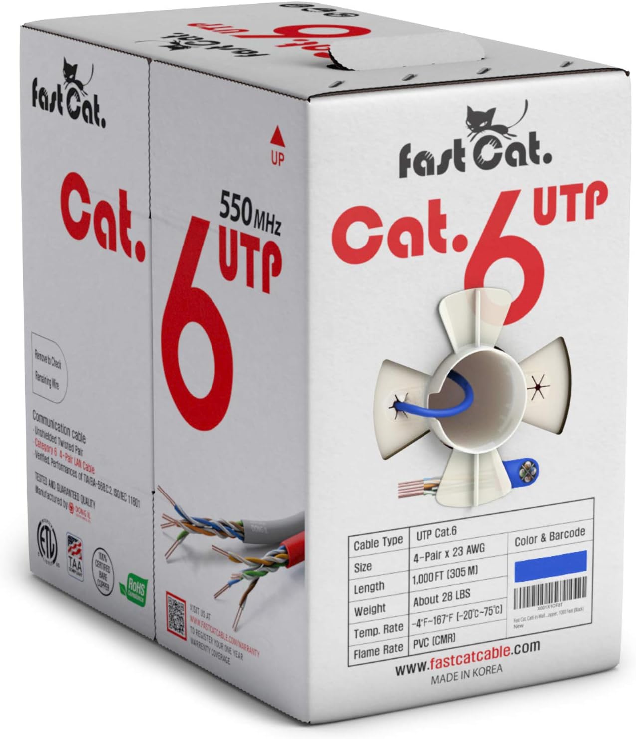 fast Cat. Cat6 Ethernet Cable 1000ft - 23 AWG, CMR, Insulated Solid Bare Copper Wire Internet Cable with Noise Reducing Cross Separator