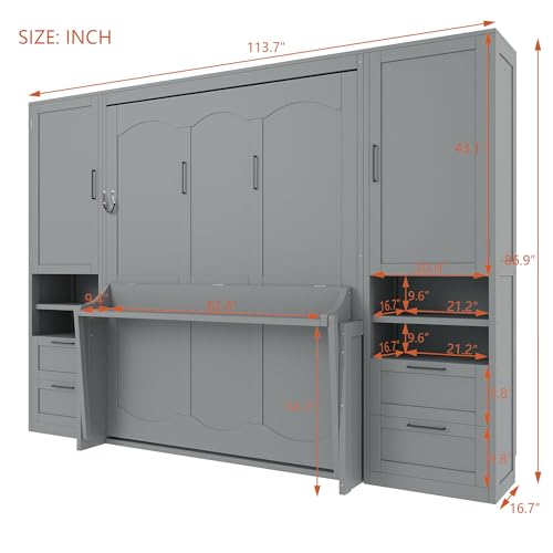 Queen Size Murphy Bed Wall Bed with Desk and Closet,Drawers and Shelves,for Small Spaces Studio Study Office Guest Room Use (Gray#Desk, Queen)