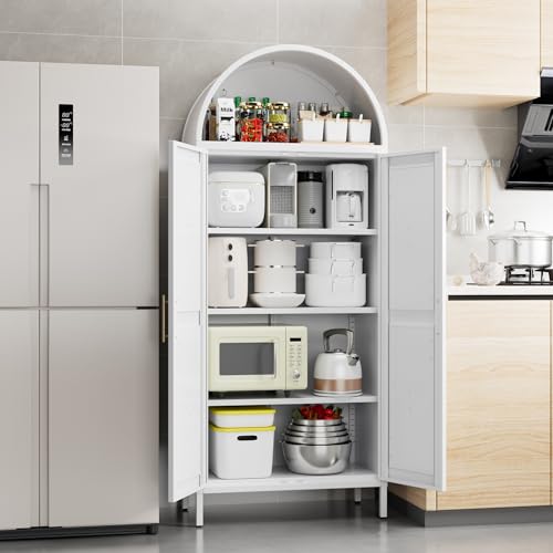 Tall Kitchen Pantry Cabinet, Metal Display Storage Cabinets with 4 Doors/2 Drawers for Kitchen Home Office Living Room, Assembly Required