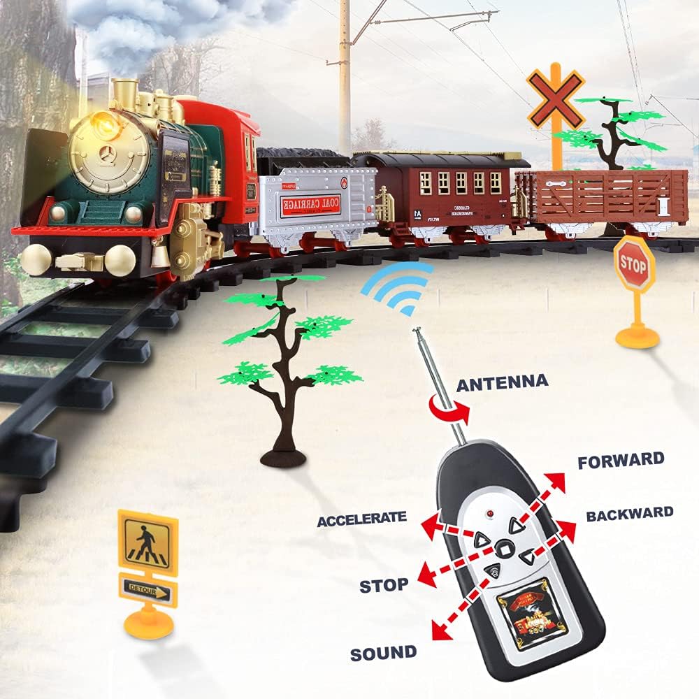 Remote Control Train Set - Electric R/C Train Toy for Kids w/ Smokes,Lights & Sound,Railway Kits w/ Steam Locomotive Engine,Cargo Cars & Tracks