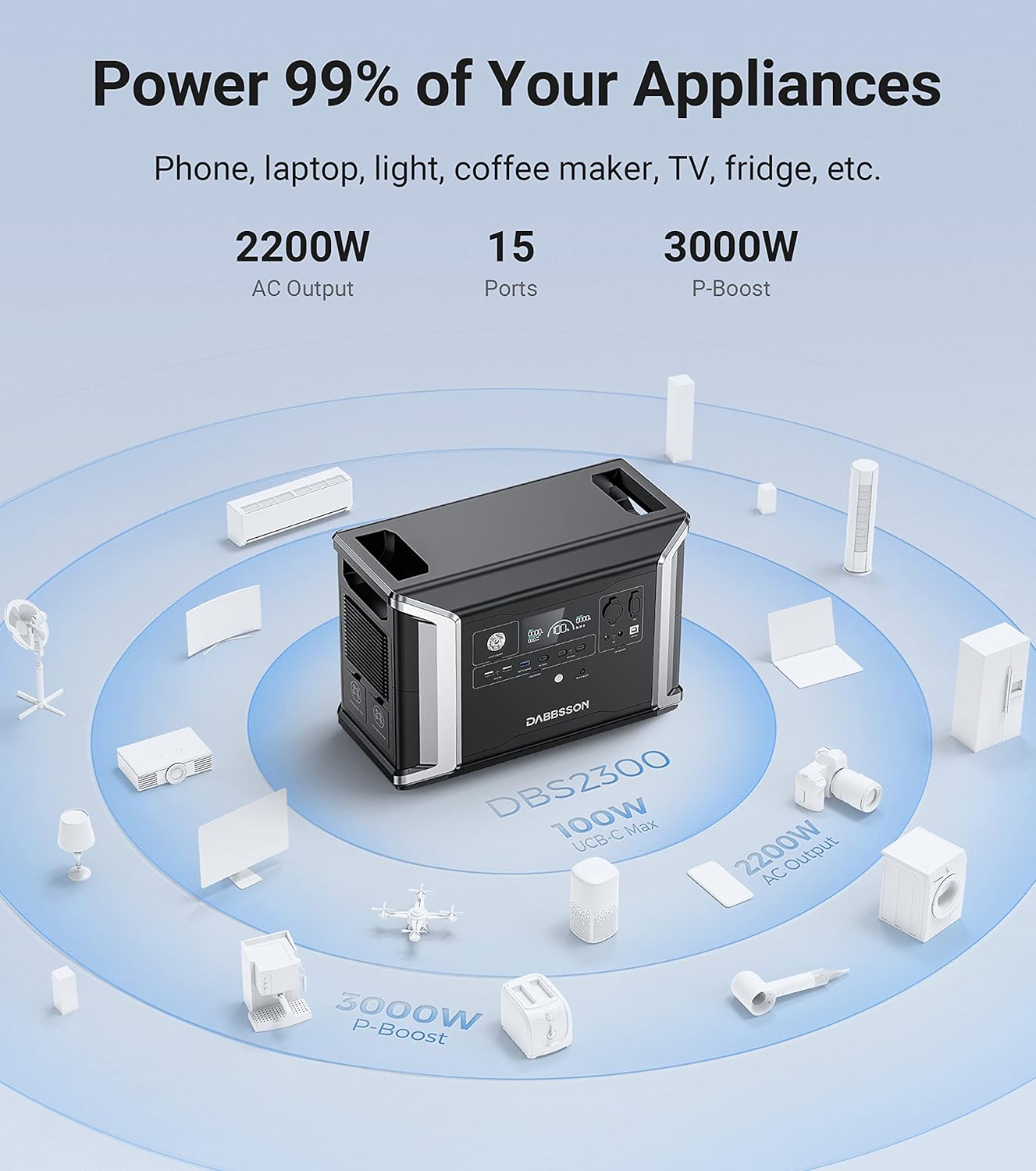 Dabbsson Portable Power Station DBS2300, 2330Wh EV Semi-solid State LiFePO4 Home Battery Backup, Max 8330Wh, 5×2200W AC Outlets