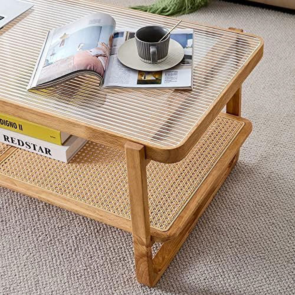 NLIBOOMLife Rattan Coffee Table Rustic Style Wooden Coffee Table Rectangular Wood Coffee Table for Living Room Glass Top Coffee Table with Imitation
