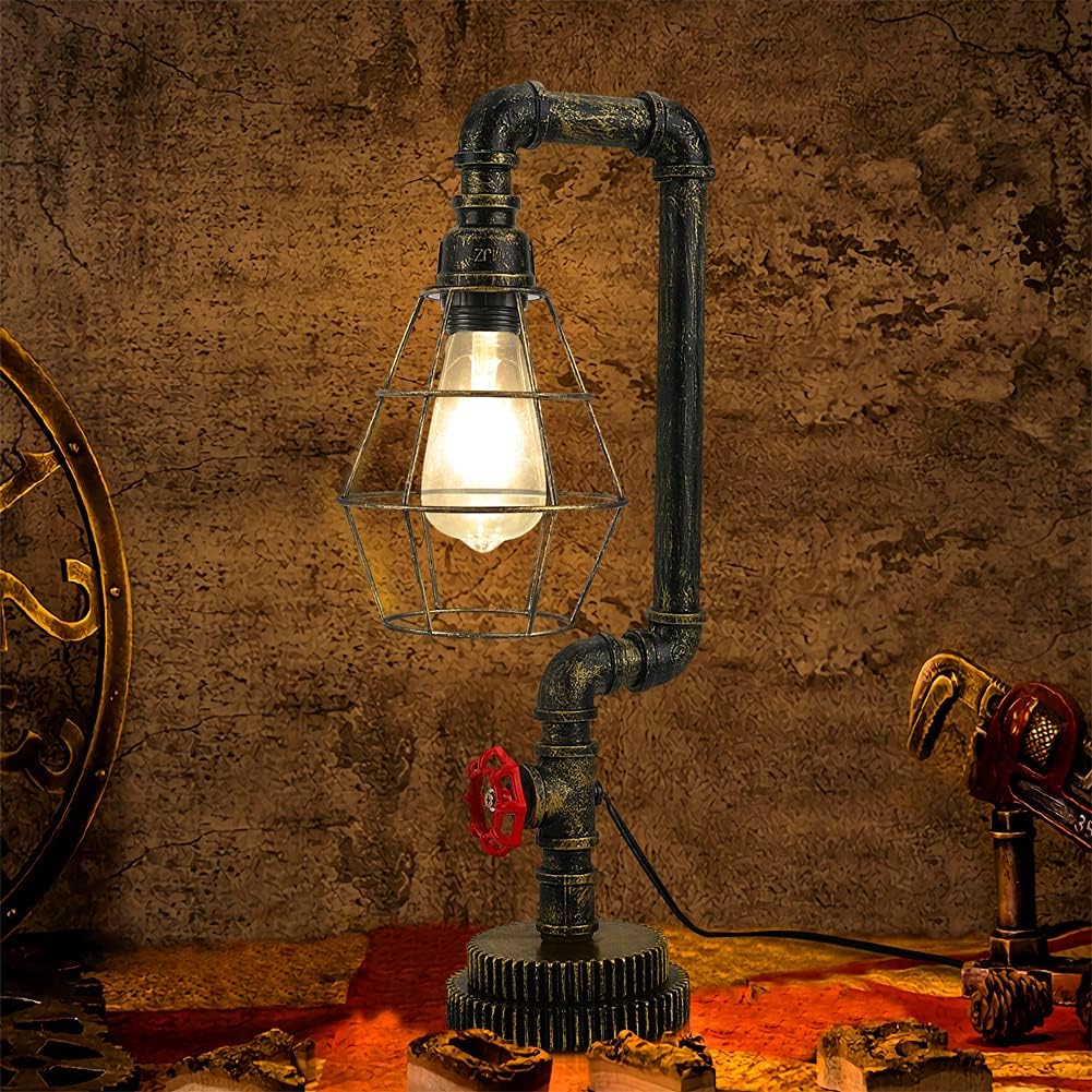 EFAYCRR Steampunk Table Lamp, Gear Wheel Base Desk Lamp Vintage Industrial Water Pipe Light for Bedside Table Nightstand Bar Restaurant Cafe