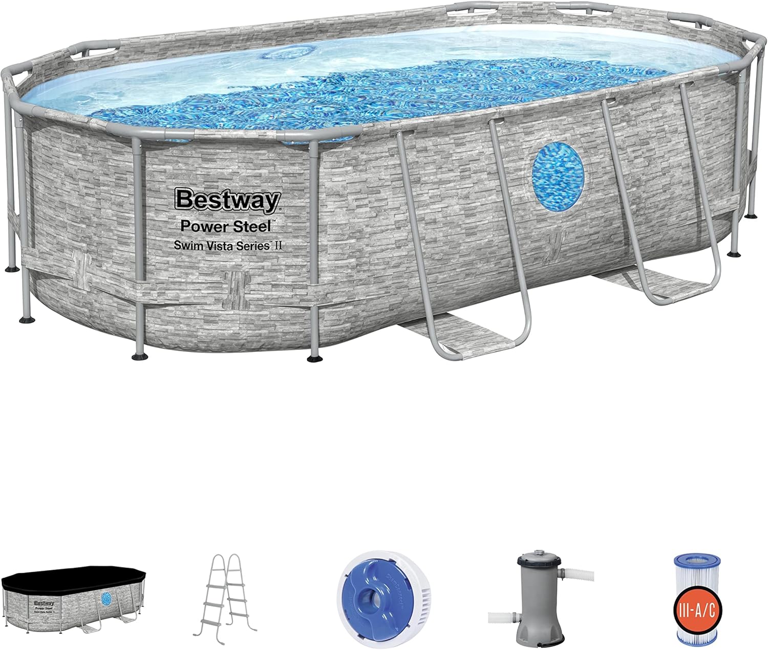 Bestway 56711E Power Steel 18' x 9' x 48 Outdoor Oval Frame Above Ground Swimming Pool Set with 1500 GPH Cartridge Filter Pump, Cover, & Ladder, Gray