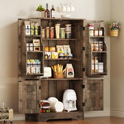 usikey Storage Cabinet with 4 Doors, 43.3" H Farmhouse Kitchen Cabinet with 6 Door Shelves, Kitchen Storage Cabinets with Adjustable Shelves