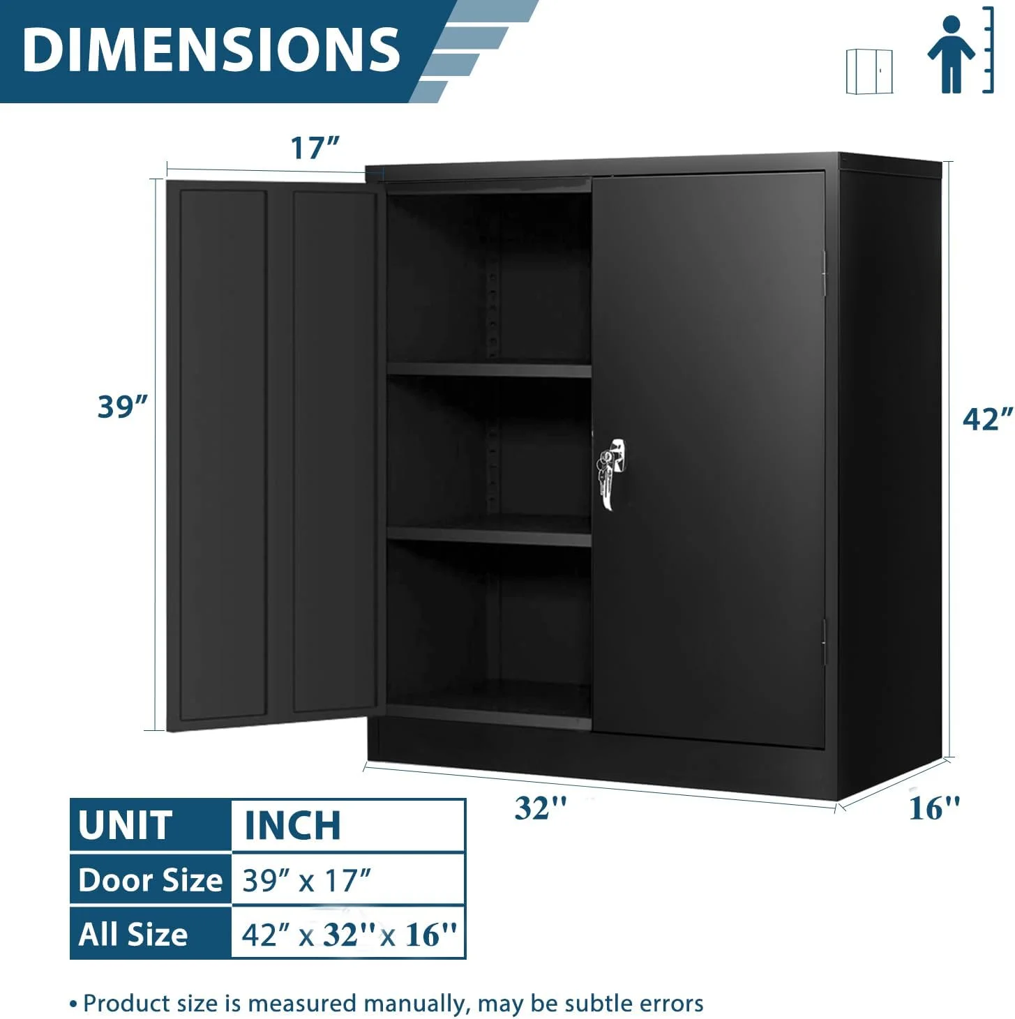 SUNCROWN 42 In Metal Garage Storage Cabinet, Tall Steel Cabinets with Locking Doors and 2 Adjustable Shelves for Home, School, Office,Black