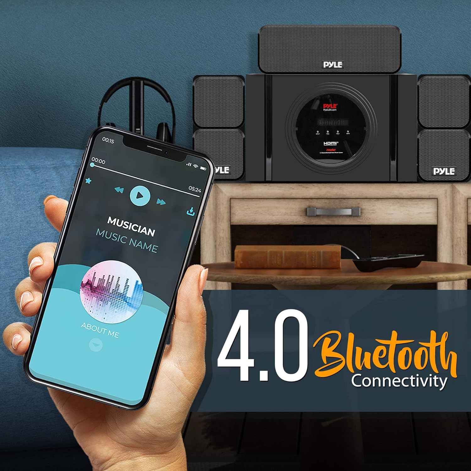 Pyle 5.1 Channel Home Theater Speaker System - 300W Bluetooth Surround Sound Audio Stereo Power Receiver Box Set w/ Built-in Subwoofer, 5 Speakers