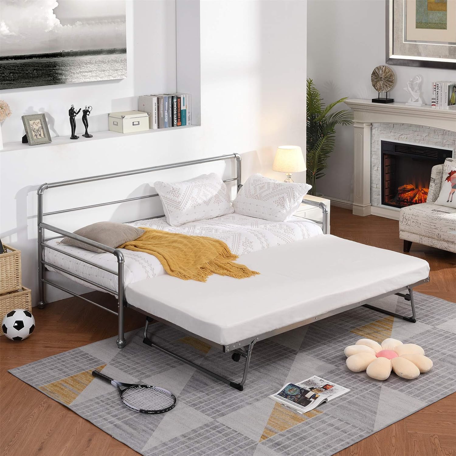 Metal Daybed with Trundle, Twin Size Day Bed Frame with Pullout Trundle, Heavy-Duty Daybed for Living Room Bedroom Kids Teens and Adults, Black
