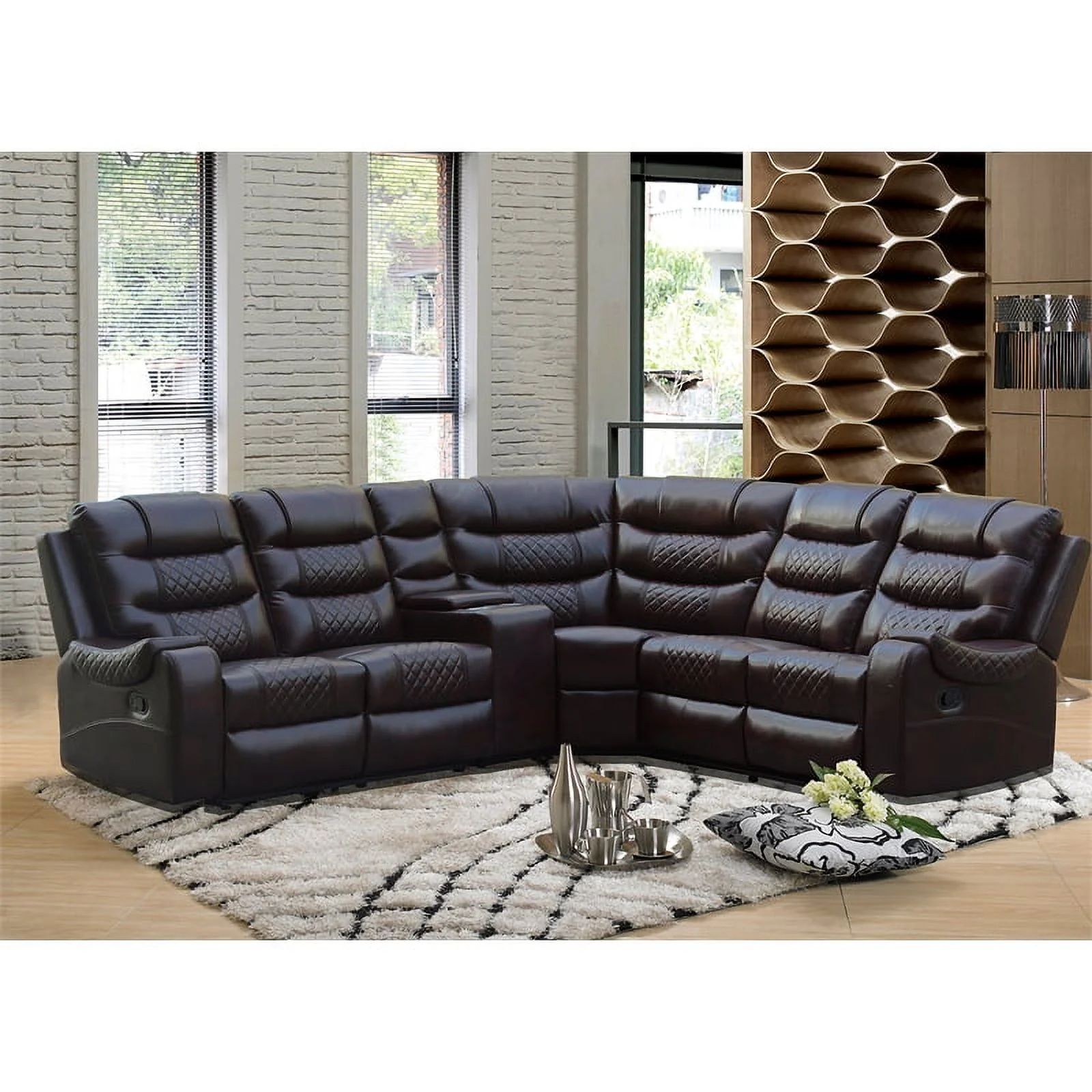 Mirabell 5-piece Faux Leather Reclining Sectional with console in Brown