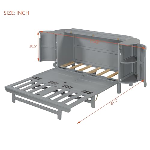 Queen Size Farmhouse Murphy Bed Cabinet with Charging Station, Foldable Platform Bed Frame with 2 Storage Drawers