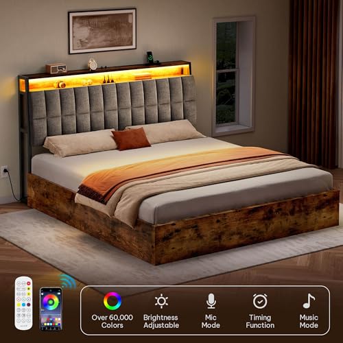 YITAHOME Queen Size Lift Up Bed with Charging Station & RGB LED Lights, PU Leather Upholstered Platform Storage Bookcase Headboard Bed