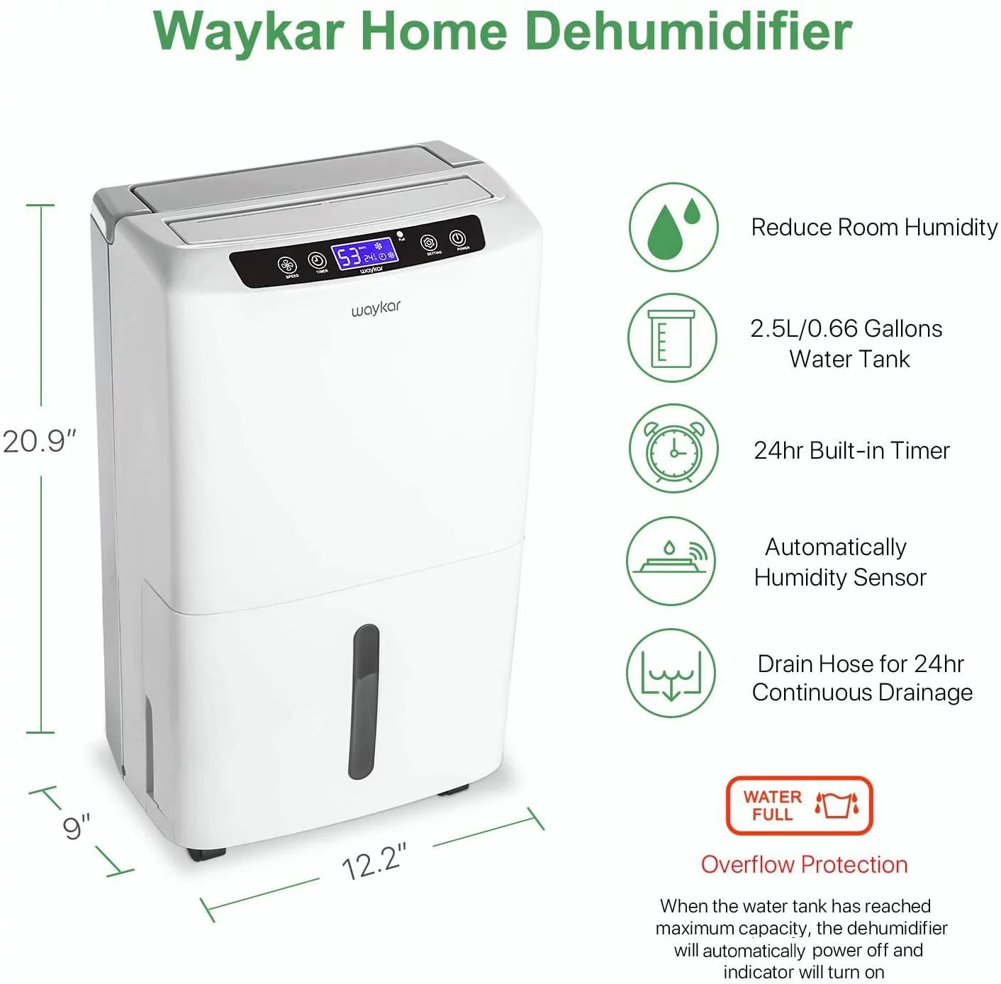 Waykar 34 Pints Dehumidifier for Basement and Home with Drain Hose, Spaces up to 2000 Sq Ft, with Auto or Manual Drainage