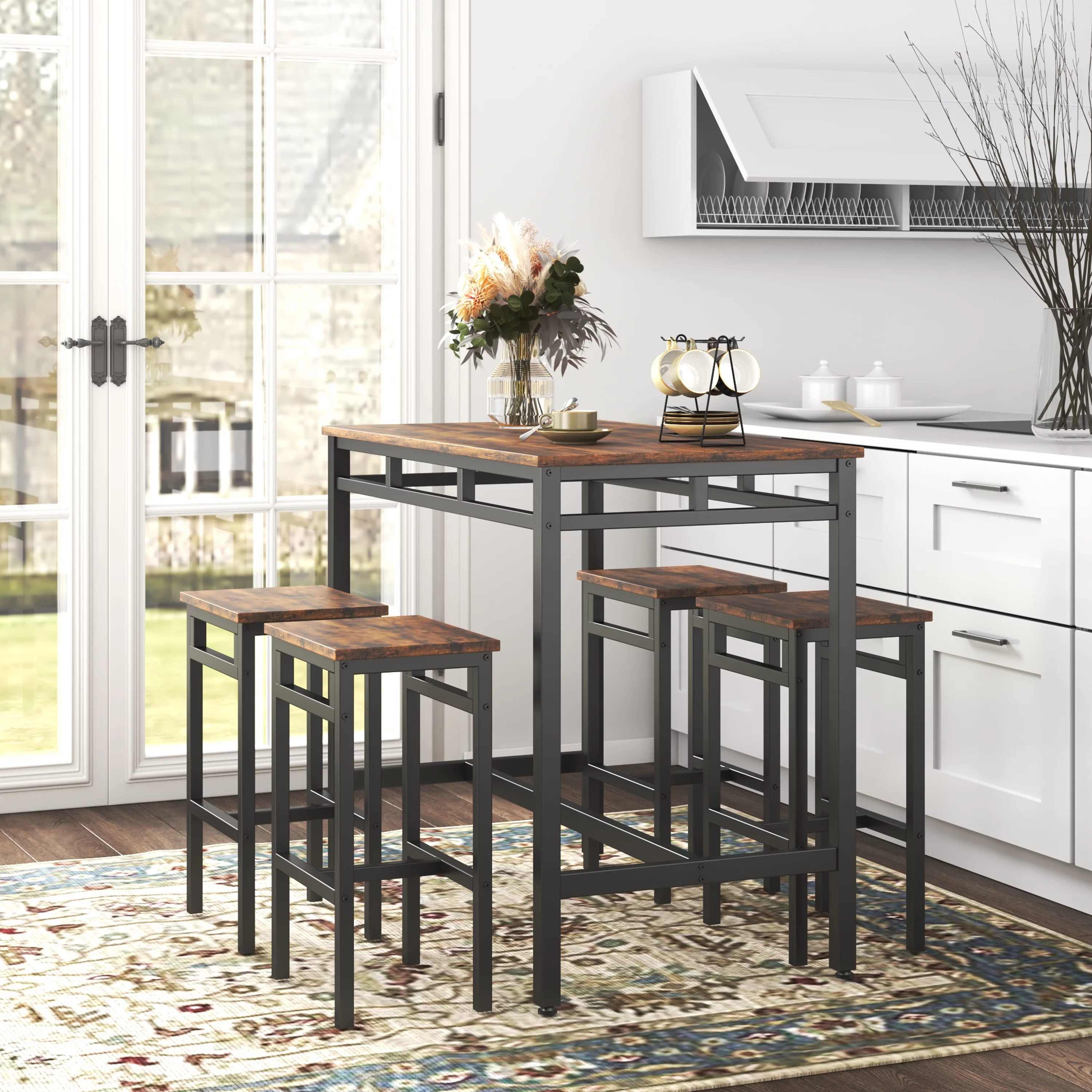 Kitchen Dining Table Set, 5-Piece Dining Table and Stools, Metal Frame Dining Room Set for 4, Modern Small Spaces Dining Furniture Set, Rustic Brown