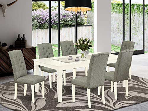 East West Furniture Weston 7 Piece Set Consist of a Rectangle Dining Room Table with Butterfly Leaf and 6 Gray Fabric Upholstered Chairs, 42x60 Inch