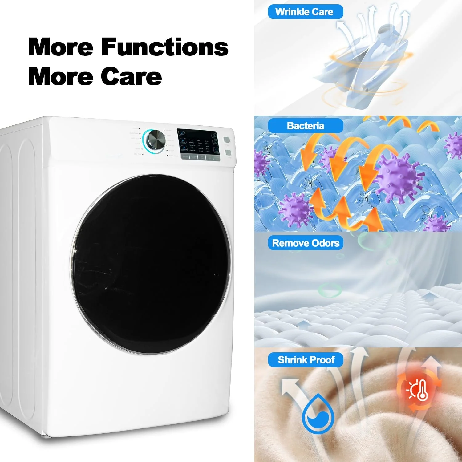 SMAD 8 Cu ft Electric Front Load Dryer, 27 in.W Large Capacity, Steam Function, Wrinkle Care, Stackable, Reversible Door
