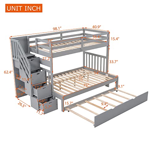 Ball & Cast Twin-Over-Twin Bunk Bed with Twin-Size Trundle and 3 Storage Stairs,Wood Bunkbed w/Full-Length Guardrails,Slat Support