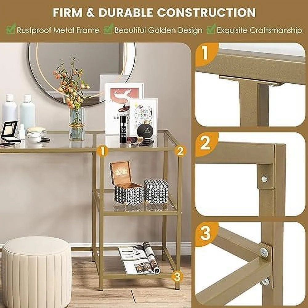 HJZBNONE Tempered Glass Computer Desk with 2-Tier  Shelves  Modern Computer Workstation  Vanity Makeup Table  Sturdy Metal Frame  Home Office Desk