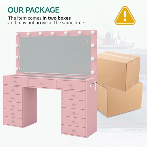 55" W Vanity Desk, Makeup Vanity with Charging Station, 15 Drawers with Lighted Mirror, 3 Lighting Modes, Brightness Adjustable, Glass Top