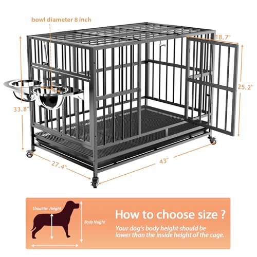 LOVMOR 48" Heavy-Duty Dog Crate with Wheels, Air-Lift Top, Dual 360° Adjustable Bowls – Ideal for Large Dogs