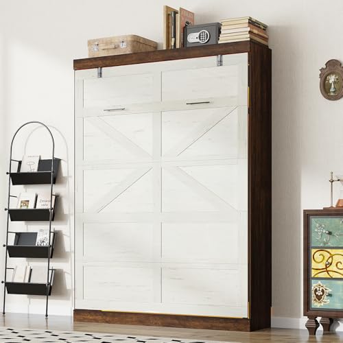 Queen Size Murphy Bed with 2 LED Lights, Farmhouse Wood Hidden Foldable Wall Bed Frame w/Gas Struts, Storage Bed Cabinet for Bedroom, Office