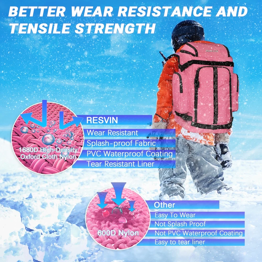 Ski and Snowboard Boot Bag Backpack - 60 L - Waterproof Winter Sport Pack for Travel Pink