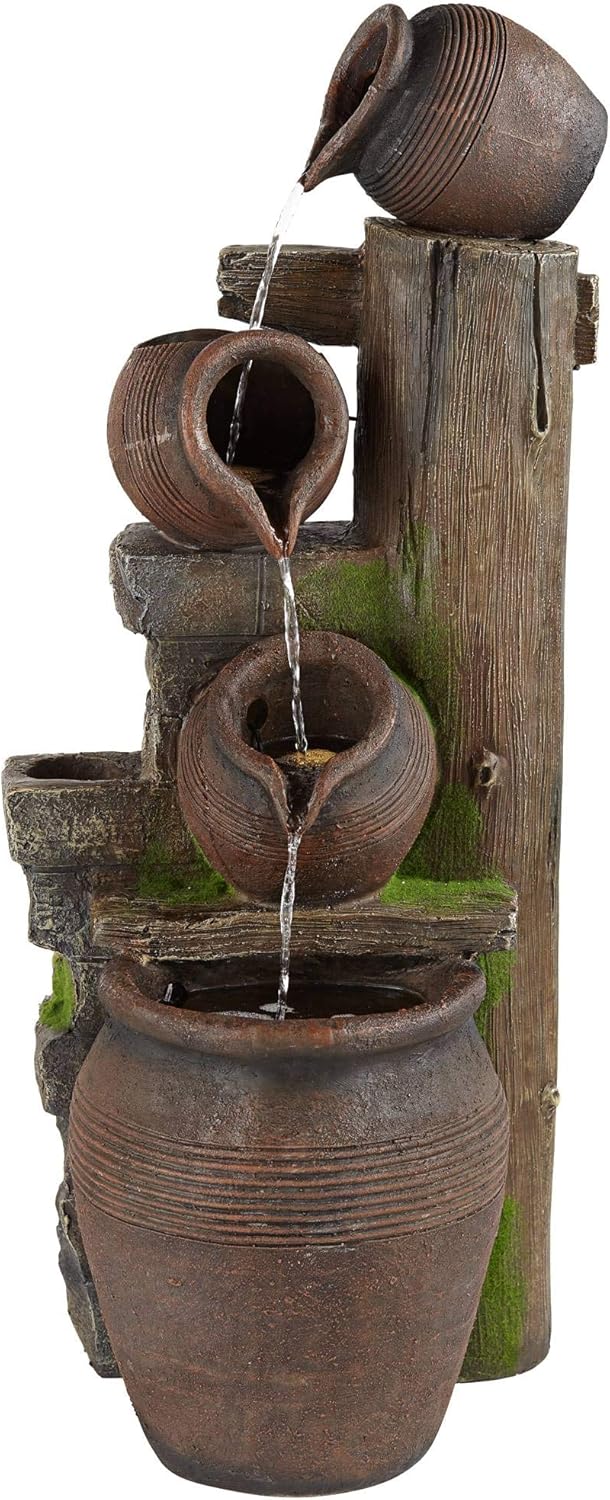 Four Pot Rustic Outdoor Floor Water Fountain 39 1/4" High with LED Light Cascading Decor for Garden Patio Backyard Deck Home Lawn Porch House
