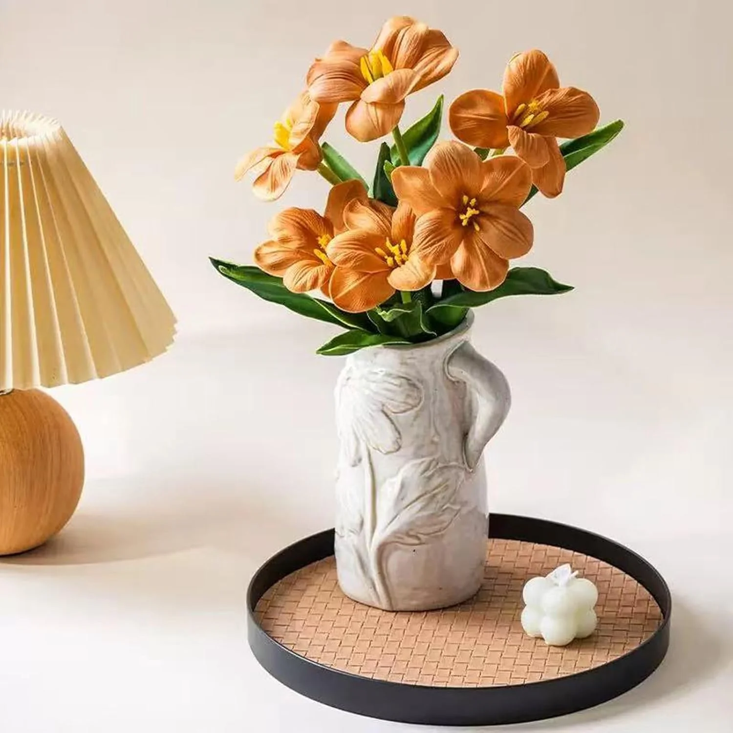White Ceramic Vase with Handle, Boho Style