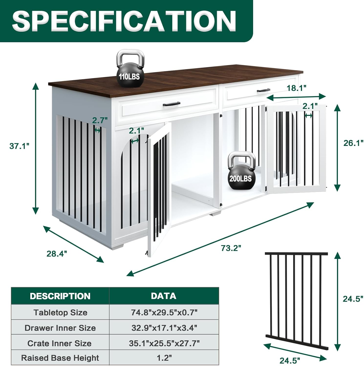Double Dog Crate Furniture,74.8 Inch Dog Crate Kennel Furniture for 2 Large Breed Dogs,Heavy Duty Wooden Dog Crate with Divider&2 Drawers,White