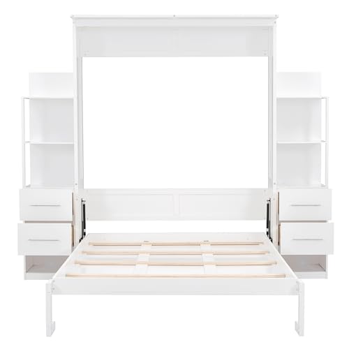 Harper & Bright Designs Full Size Murphy Bed Wall Bed with Storage Shelves, Drawers and LED Lights