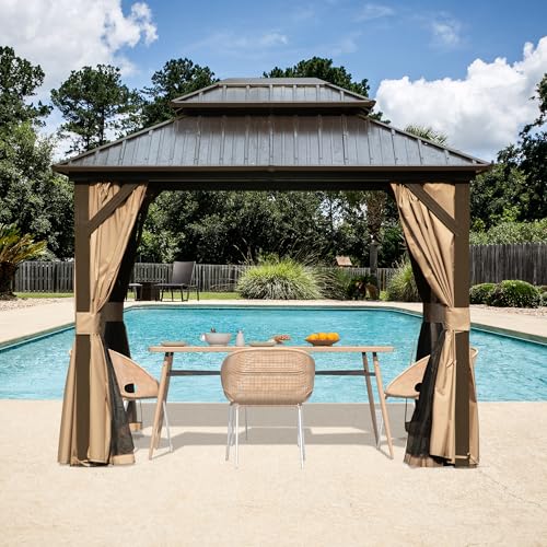 Domi 10' x 10' Hardtop Gazebo Outdoor Metal Gazebo with Galvanized Steel Double Roof Canopy, Curtains and Netting for Patio, Backyard, Deck