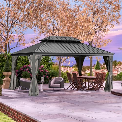 Domi 10’ x 10’ Hardtop Gazebo Metal Frame Canopy with Netting & Curtains