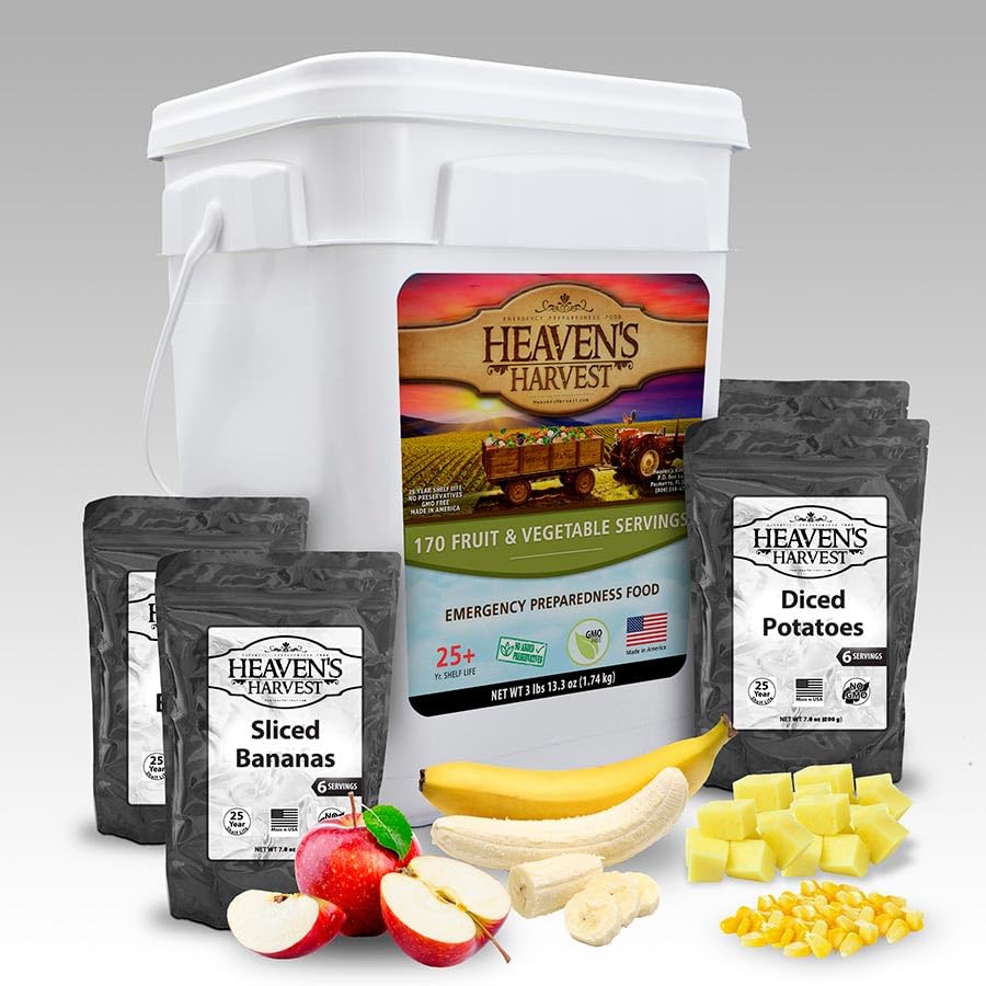 Heaven’s Harvest 25-Year Family Food Kit — Premium Emergency Food Supply. Freeze Dried Survival Food Kit + Water-Proof 25-Year Storage Bucket. MRE