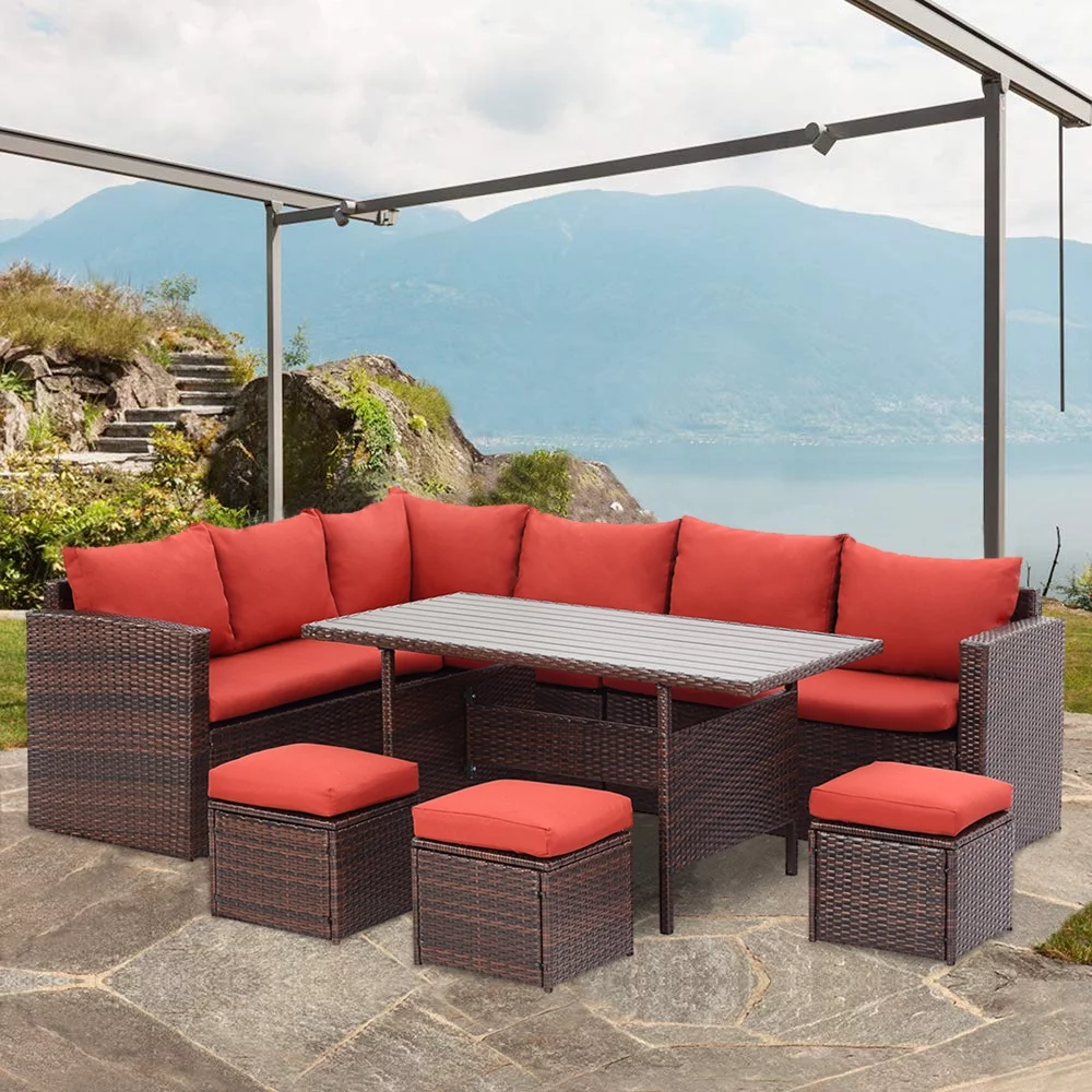 CozyHom 7 Pcs Outdoor Patio Wicker Dining Furniture Sofa Sets, Rattan Conversation Sectional Couch Set with Table and Ottomans, Red