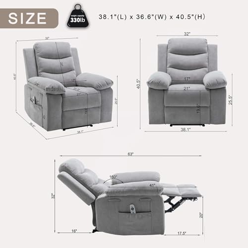 Electric Power Recliner Chair with Lumbar Heating and 8-Point Vibration Massage Function, Remote Control