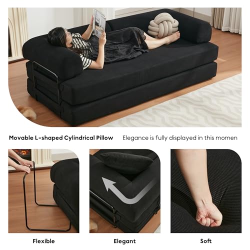 Convertible Sleeper Sofa Bed with Cylindrical Pillow, Corduroy Folding Mattress Couch with Fixed-Shape Frame