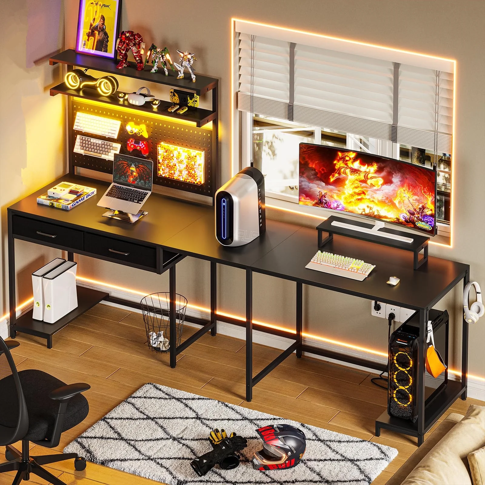 L Shaped Gaming Desk with LED Lights and Hutch,89.7" Home Office Computer Desk with 2 Drawers&Monitor Stand&Pegboard&Storage Shelves,Black