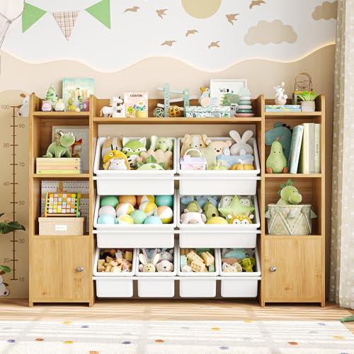 FOTOSOK 55''Large Toy Storage Organizer with 8 Toy Bins, Toy Organizers and Storage with Shelf and 6 Storage Cubbies, Bookshelf for Kids