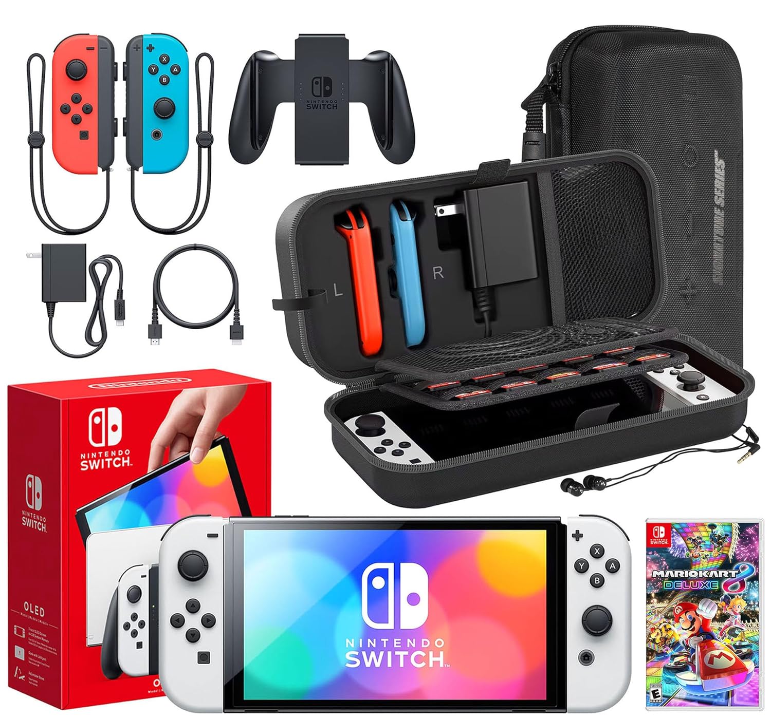 Nintendo Switch OLED Model (White) Mario Kart 8 Deluxe Bundle | Includes Extra Joy-Con (Red/Blue), Dock