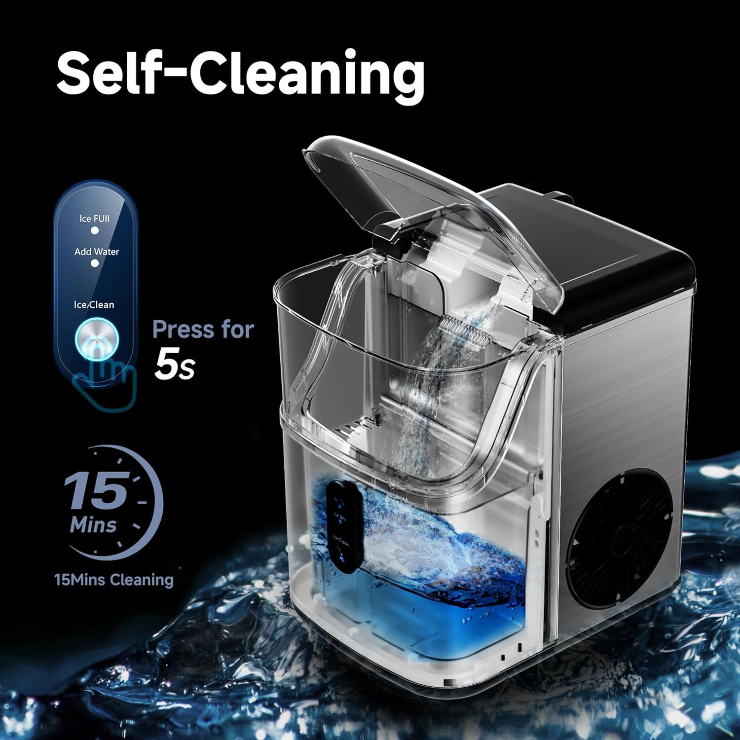 EUHOMY Nugget Ice Makers Countertop, Pebble Ice Maker Machine with 34lbs/24H Soft Ice, Self-Cleaning Sonic Ice Maker with Ice Scoop&Basket