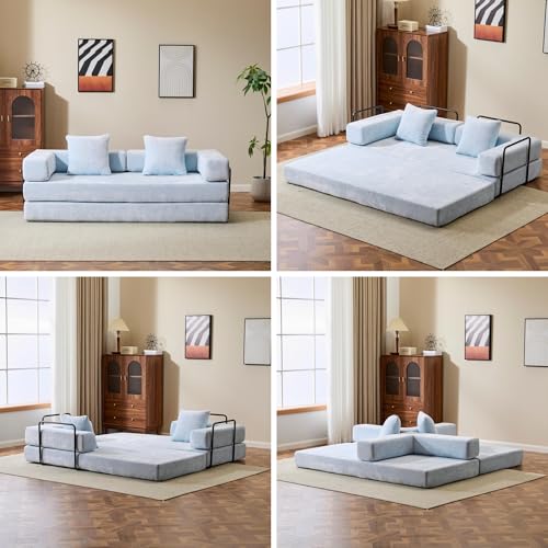 Convertible Floor Sofa Bed, Foldable Mattress Cloud Couch with Pillow Back & Armrest, Chenille Sleeper Sofa Bed with Fixed-Shape Frame