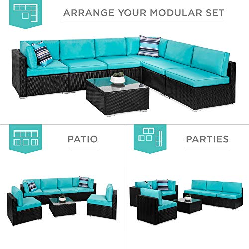Best Choice Products 7-Piece Modular Outdoor Sectional Wicker Patio Conversation Set w/ 2 Pillows, Coffee Table, Cover Included - Gray/Navy