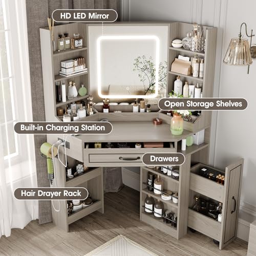 Makeup Vanity Desk, Corner Vanity Desk with HD LED Mirror, Lots Storage Shelves, 2 Drawers & Cabinets, Vanity with Charging Station
