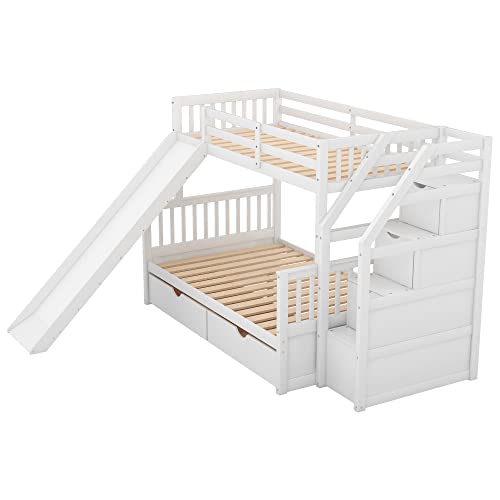 SOFTSEA Twin Over Full Bunk Bed with Slide, Solid Wood Bunk Beds with Stairs for Kids