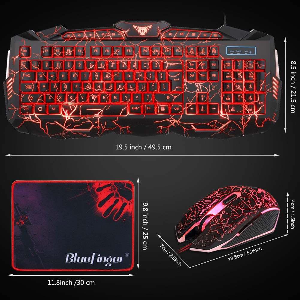 BlueFinger Gaming Keyboard Mouse Headset Combo,USB Wired Crack Backlit Keyboard,114 Keys Letters Glow LED Keyboard
