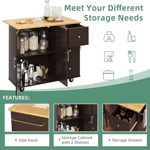 Shintenchi Rolling Kitchen Island Cart with Folding Drop Leaf Breakfast Bar, Portable Trolley Island with Large Storage Cabinet, Shelf and Drawer